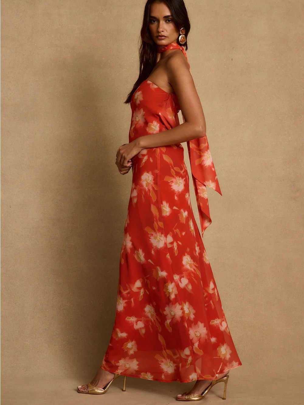 12th Tribe Red Floral Halter Maxi Dress
